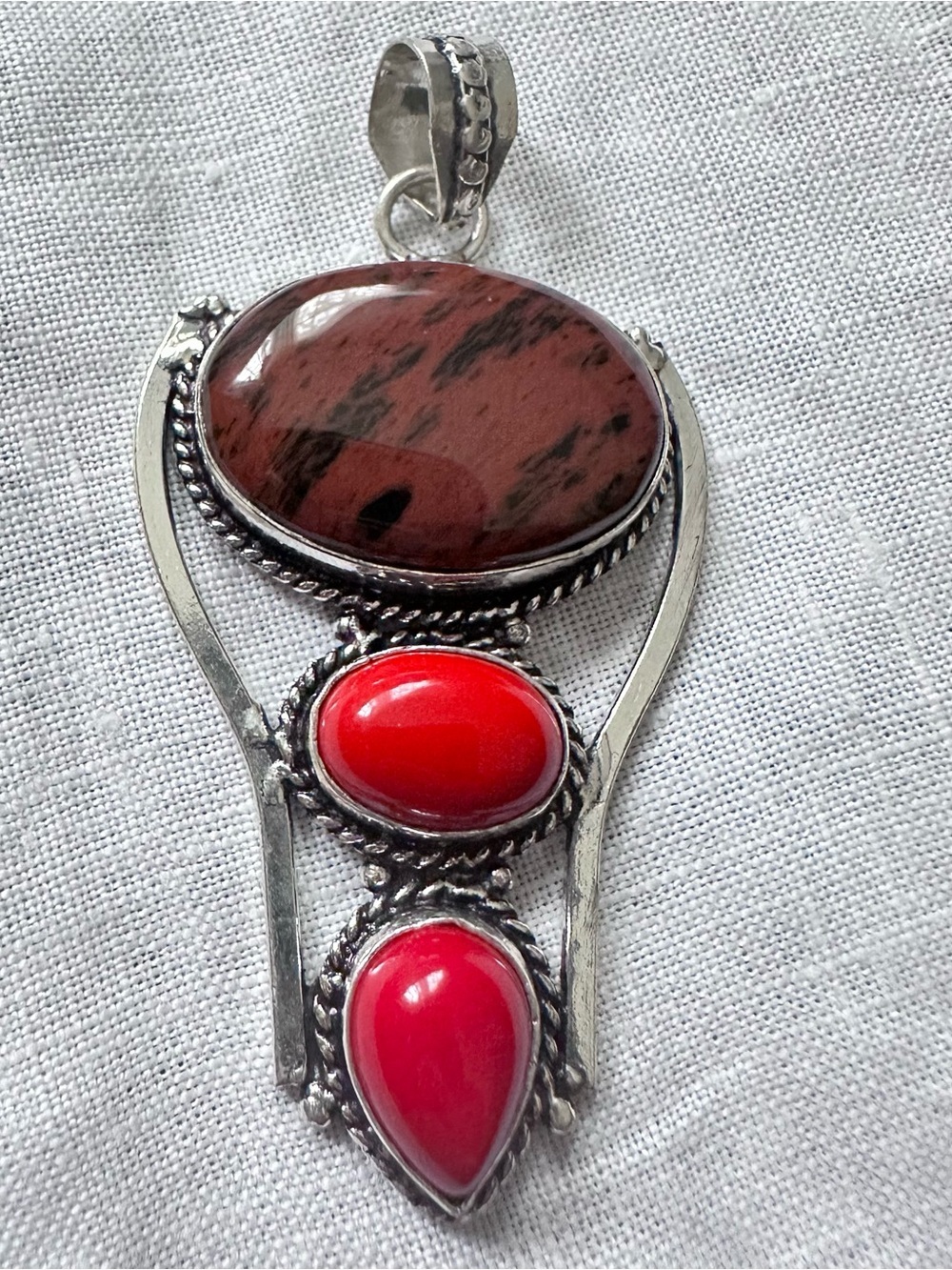 RUBYRUDI Artisan Silver Pendant with Brown RHODONITE and RED CORAL Cabochons